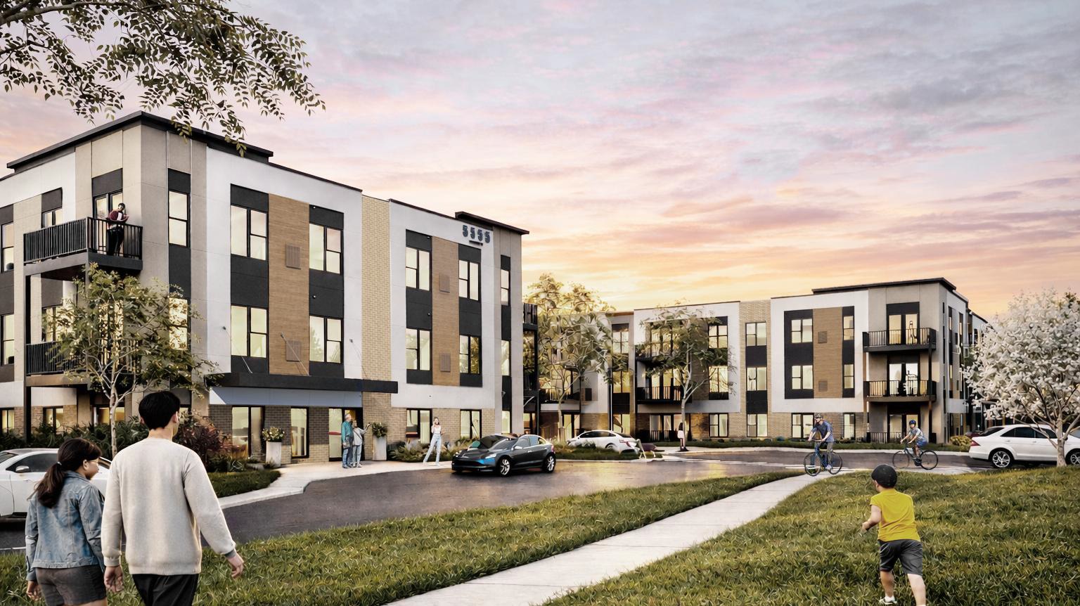 Perspectiva da comunidade residencial em Wisconsin ao entardecer, com moradores caminhando e andando de bicicleta